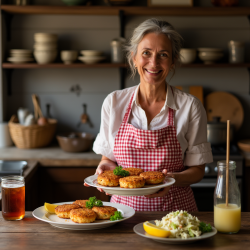 a_warm_rustic_southern_kitchen_with_a_smiling_middle-aged_woman_in_a_gingham_apron_serving_a_plate__